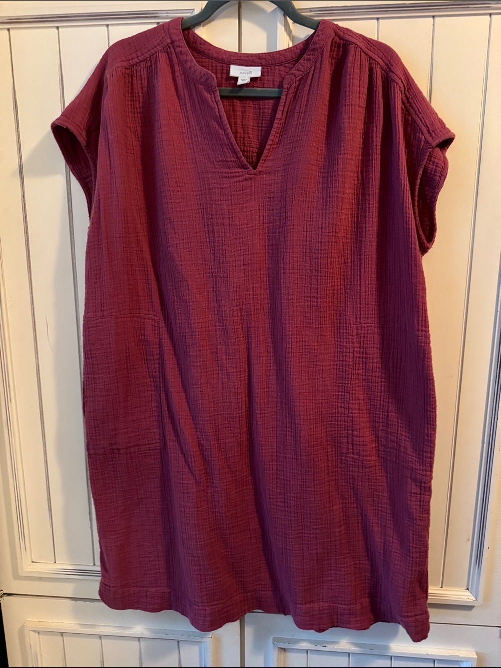 Textured Split-Neck Tunic Dress in Berry